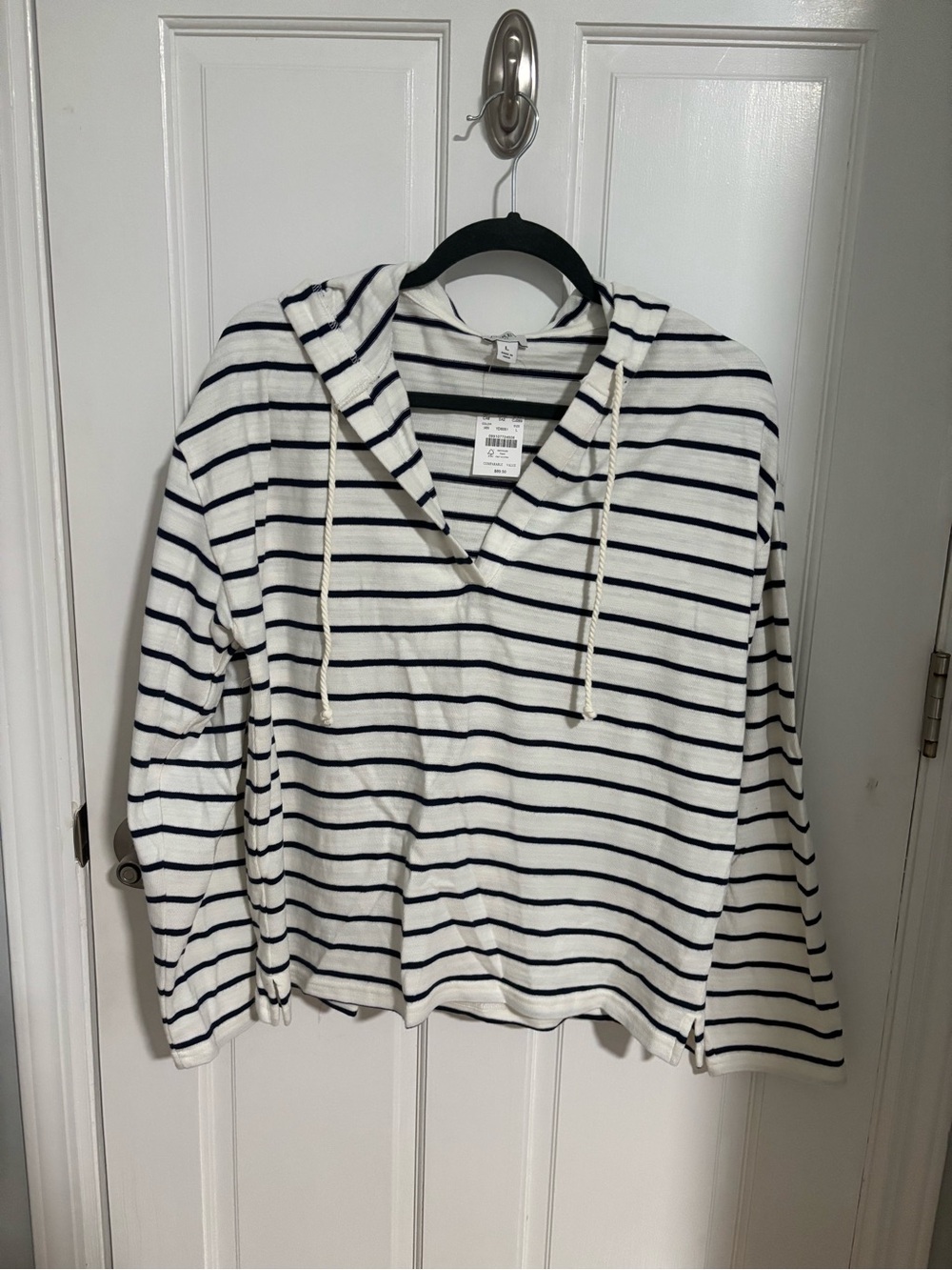 J. Crew White and Navy Striped Hooded Pullover